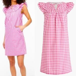 J.Crew Pink Gingham Shift Dress Size 8 Ruffle Sleeve